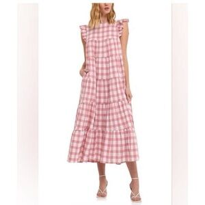 English Factory Pink Gingham Ruffle Sleeve Maxi Dress